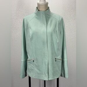 Chicos Micro Faux Suede Hidden Zip Moto Full Zip Blazer Jacket  Seamist Green 12